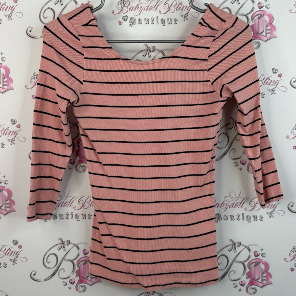 RW&CO. Shirt stripes stretchy swoop neck Pink and Black Striped Long Sleeve Top